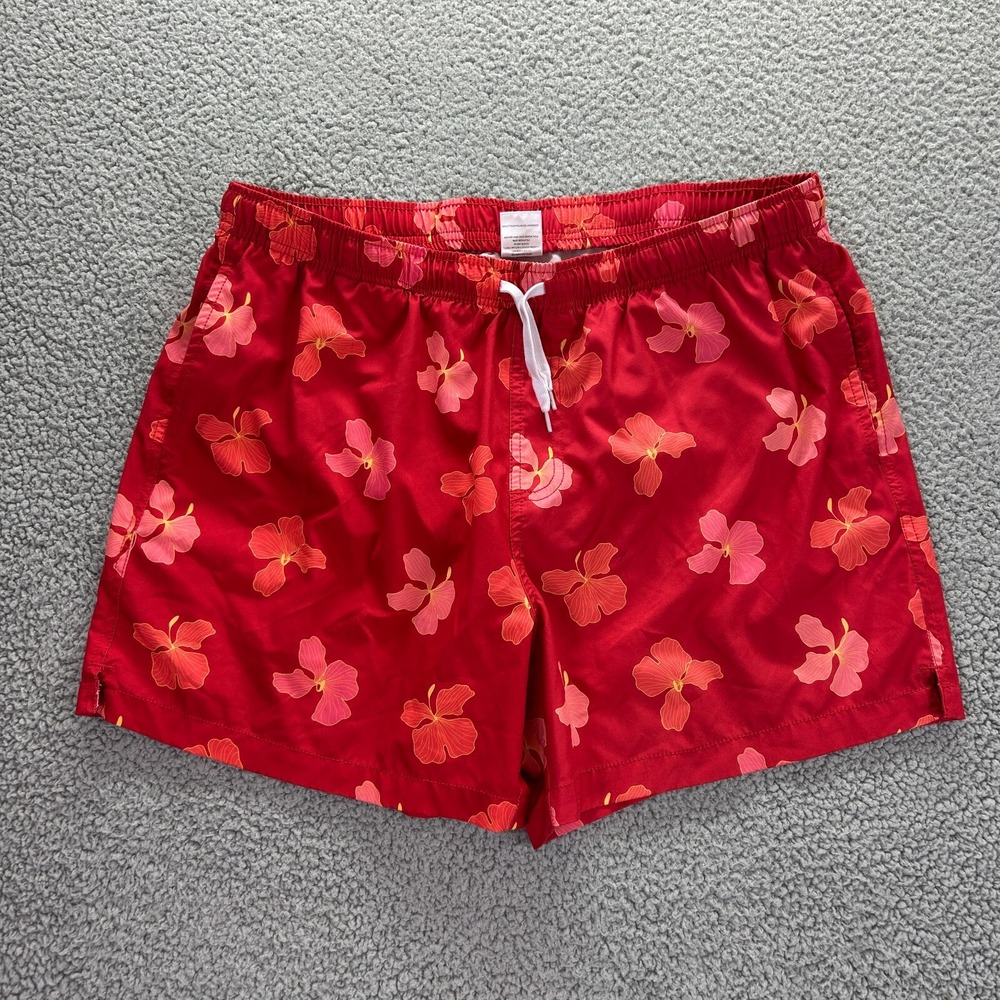 Bearbottom Shorts Mens 2XL Red Floral Print Mesh‎ Lined Swim Trunks 5.5" Inseam